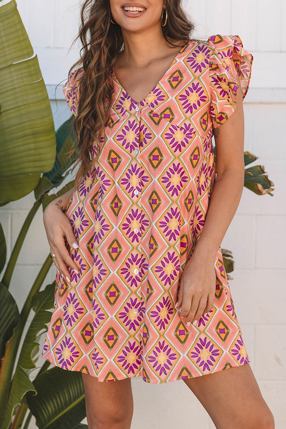 Geometric Floral V Neck Buttoned Ruffled Sleeve Mini Dress