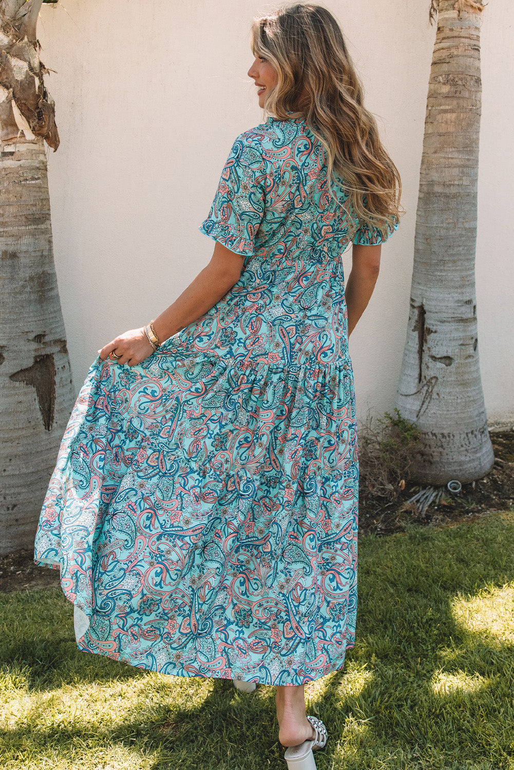 Women's Maxi Dress with Paisley Bohemian Ruffle-Trimmed Layered