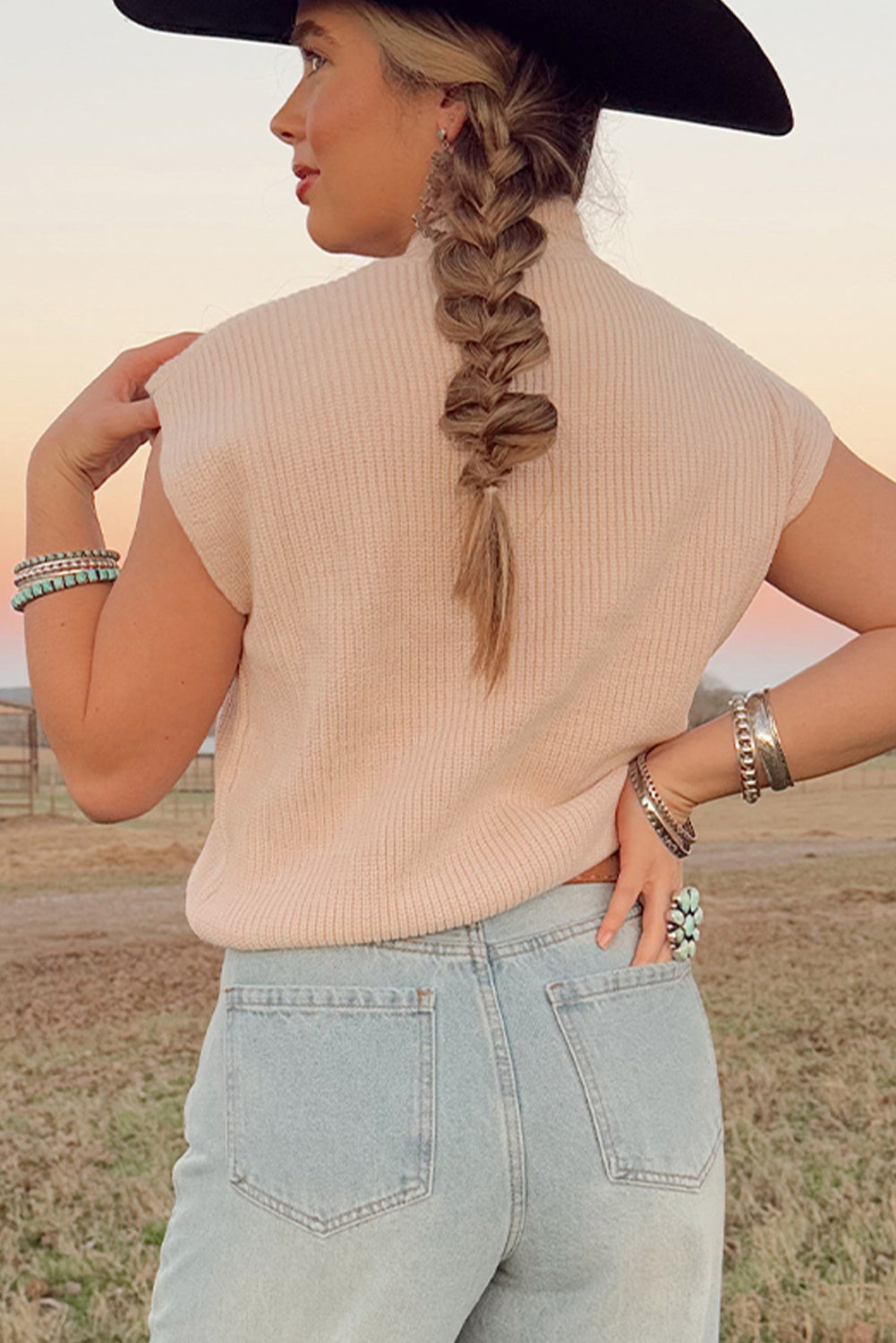 Cowboy HOWDY Rodeo Graphic High Neck Short-Sleeved Knit Top