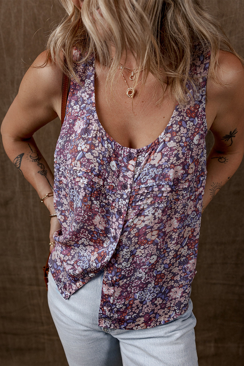 Boho Floral Pleated Button-Front Tank Top
