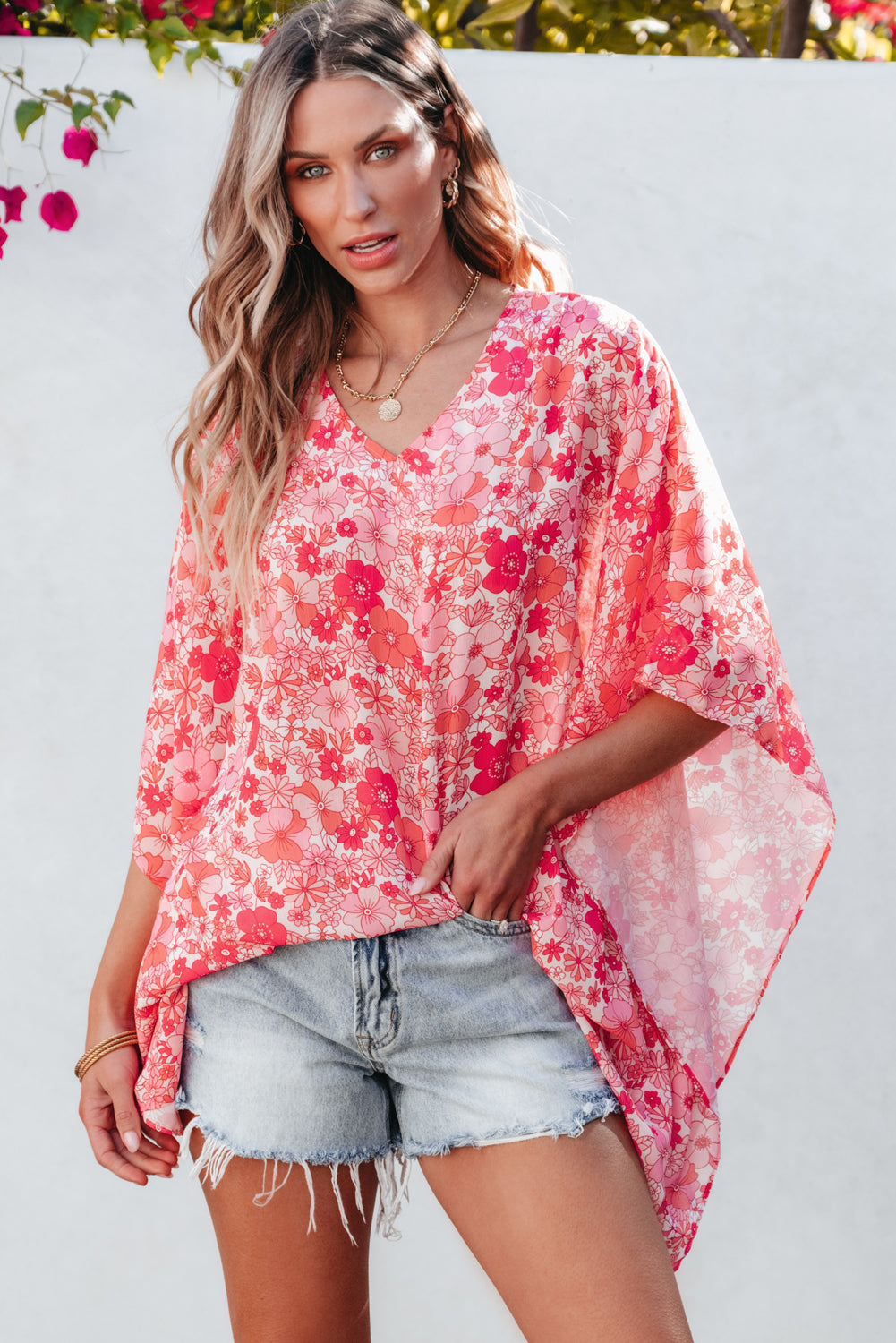 Blouse for Women V Neck Kimono Style Bohemian Floral-Print