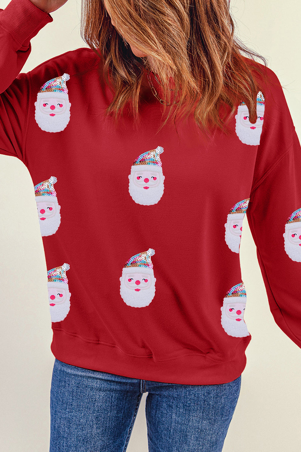 Graphic Sweatshirt for Women Fiery Red Sequined Clause