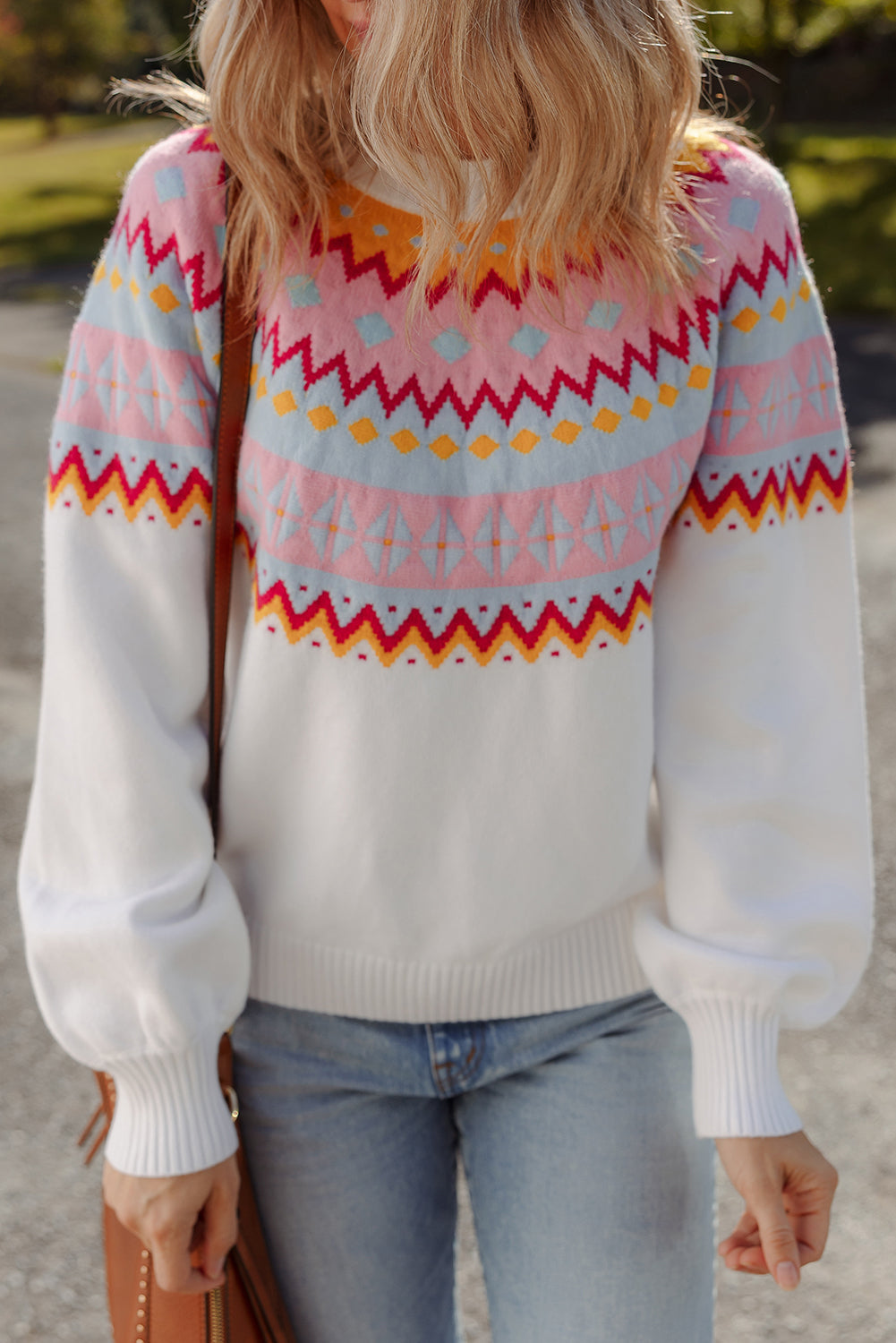 Colorblock Ethnic Geometric Print Drop-Shoulder Knit Top