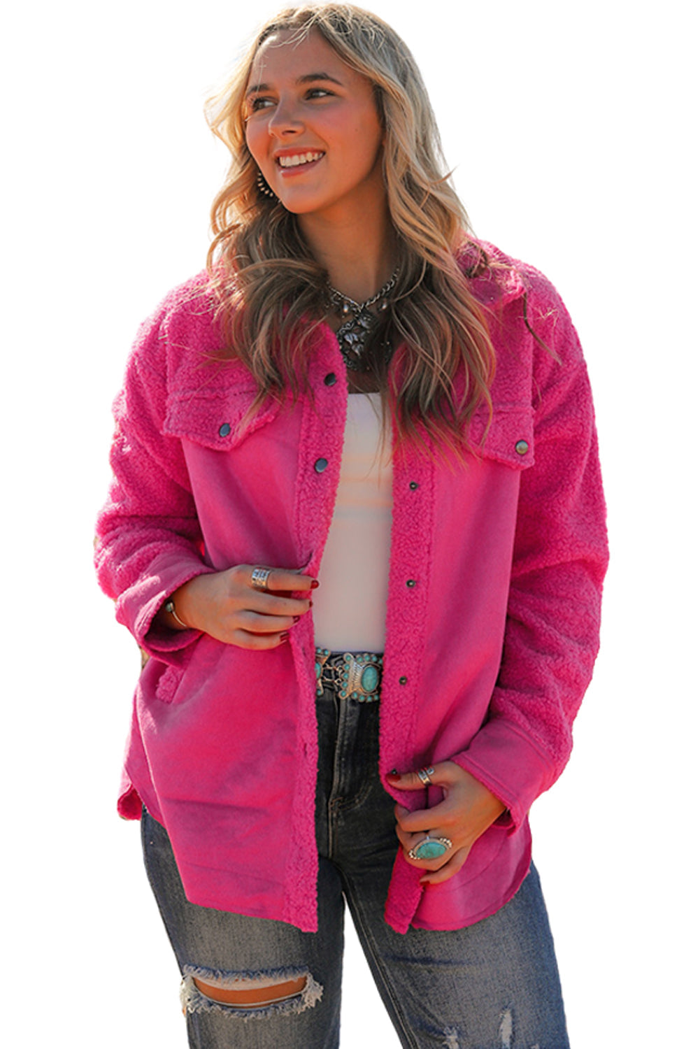 Women's Shacket Featuring Button Faux Suede