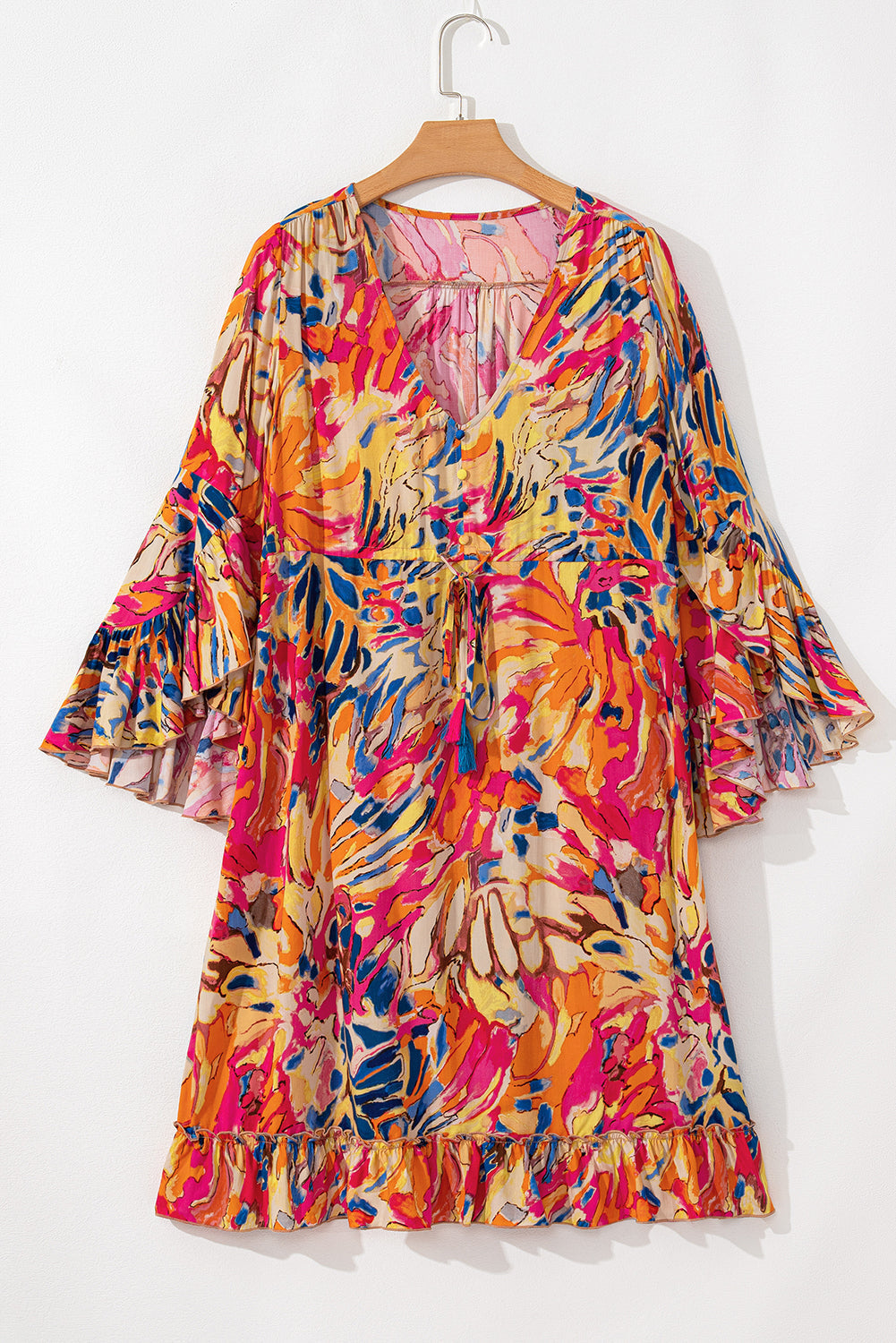 Plant Print Flared Sleeve Ruffled Hem Tunic Flowy Dress
