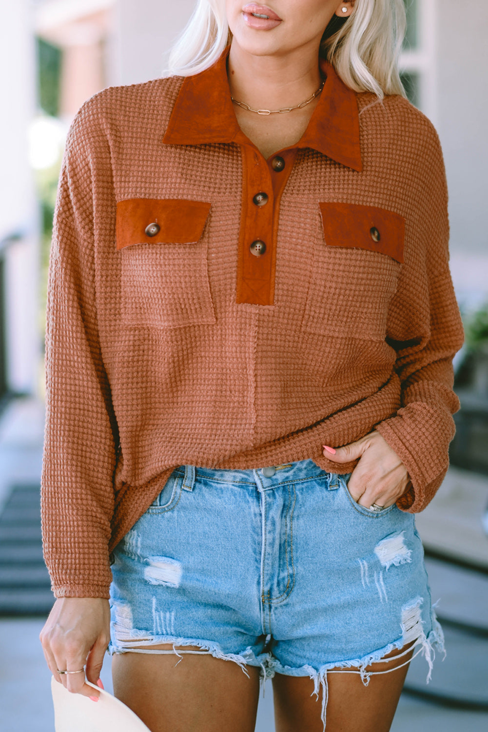 Women's Waffle Knitted Trim Long-Sleeve Top