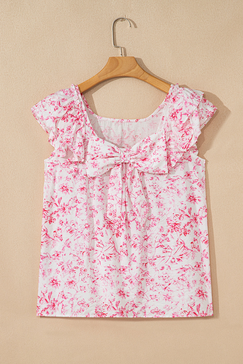 Short-Sleeved Floral Ruffled Bow Back Square Neck Blouse