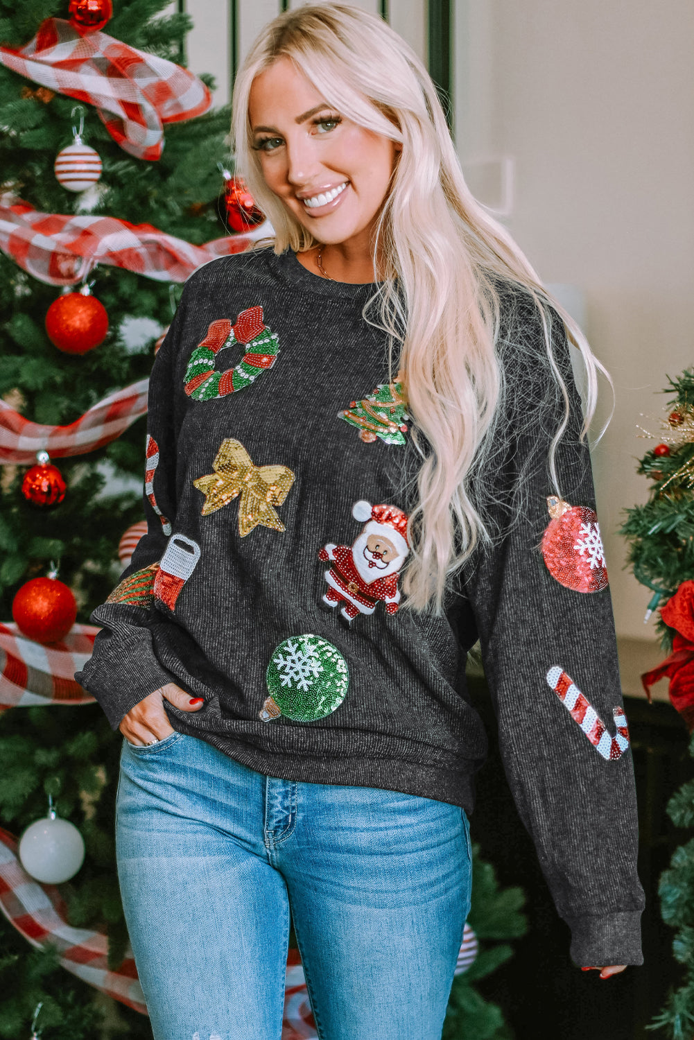 Women's Corded Christmas Graphic-Print Sweatshirt