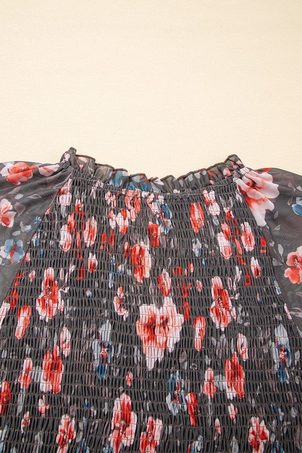 Smocked Bodice Frilly Bodice Floral Mesh Long-Sleeved Mini Dress