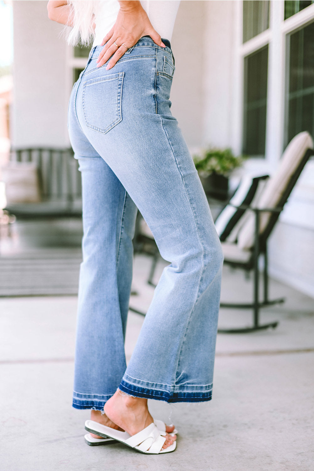Women's High-Rise Button-Front Distressed Flared Jeans