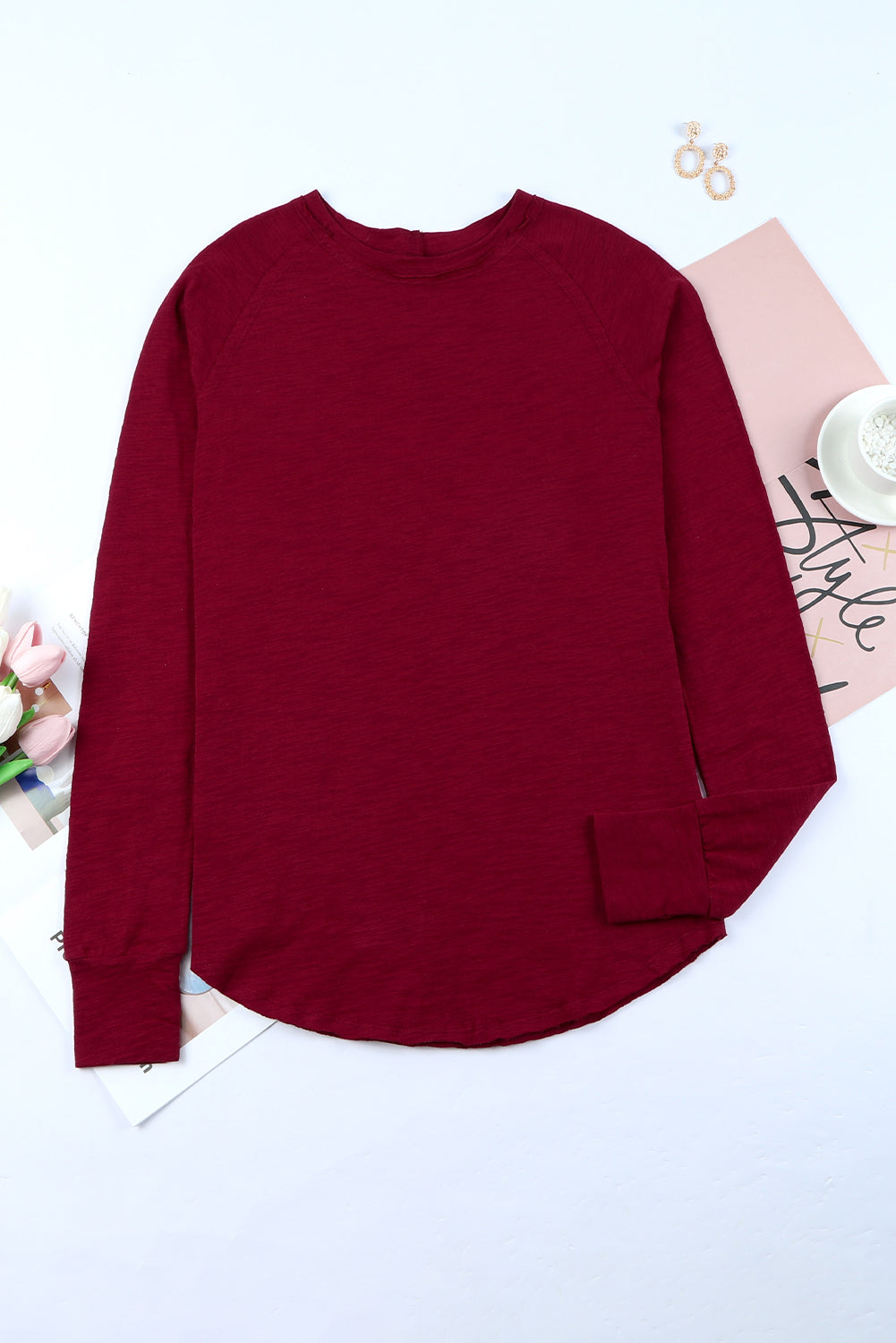 Women's Top Featuring Long-Sleeve Solid Crew Neck