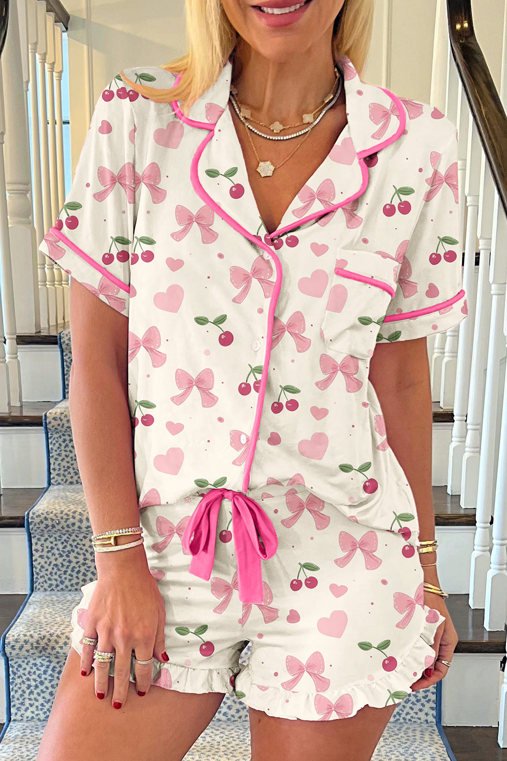 Fruit Print Bow Print Contrast Pipping Short Pajamas Set