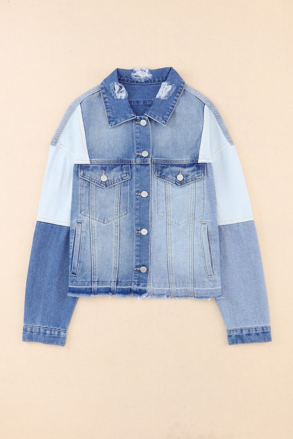 Women's Jacket Featuring Color-Block Denim Patchwork Frayed Hem