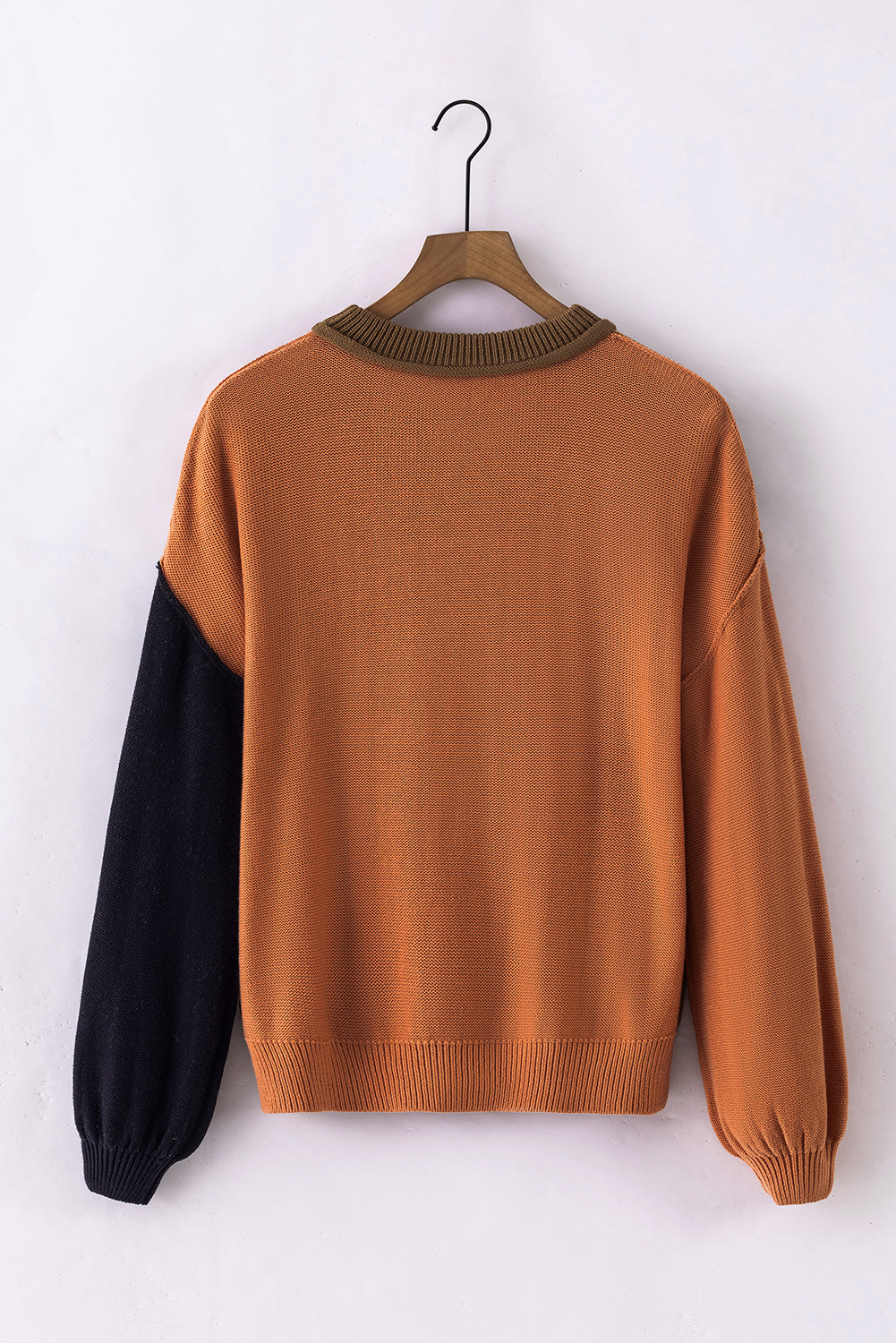 Colorblock Bishop Sleeve Ribbed Trim Sweater
