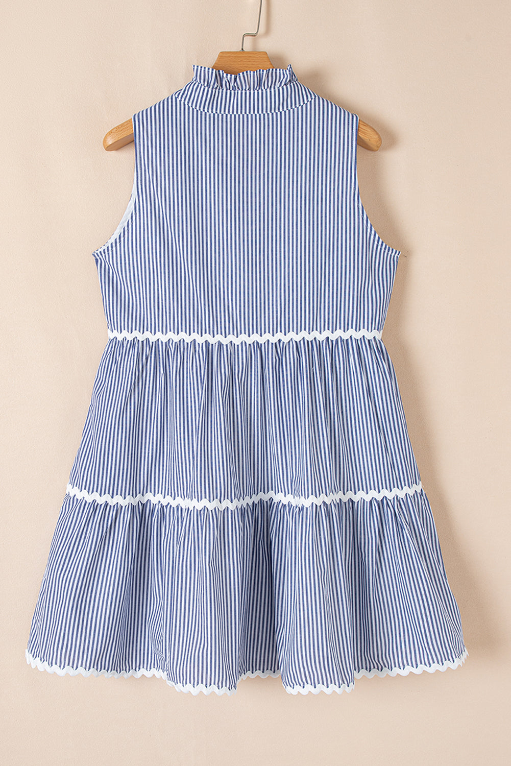 Blue Stripe Sleeveless Notched V Neck Mini Dress