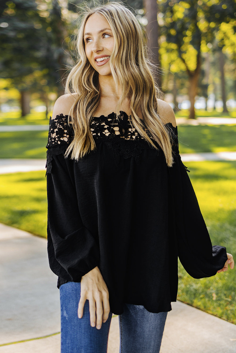 Top for Women Off The Shoulder Blooming Lace-Trimmed