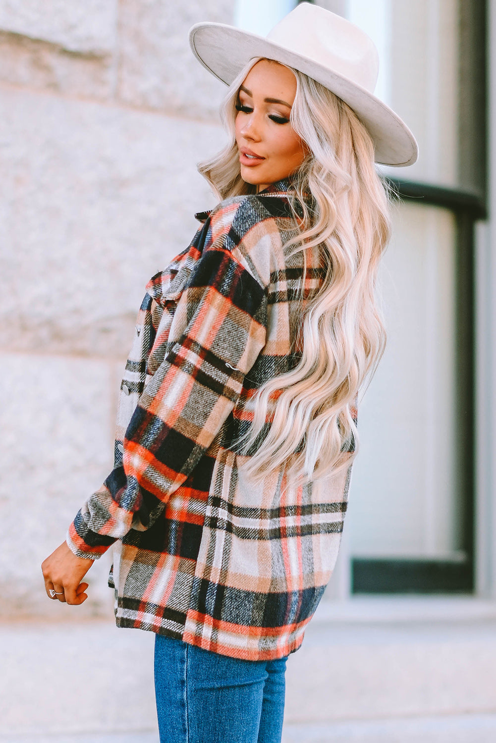 Shacket for Women Pocket-Detail Geometric Plaid