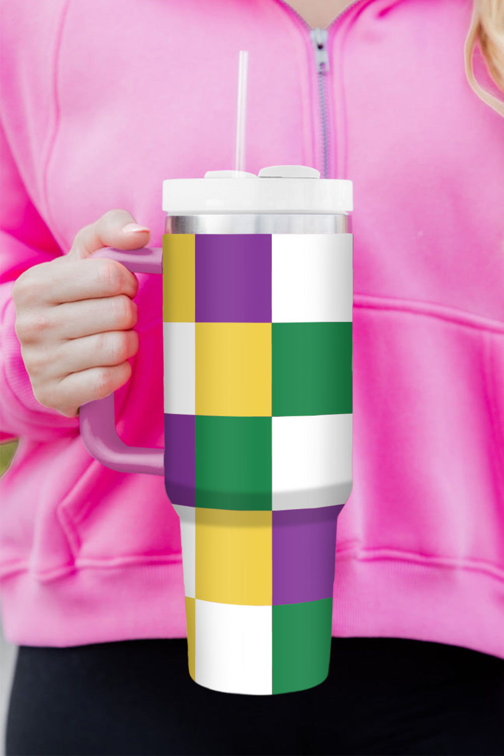 Mardi Print Gras Checkered Handle Large Tumbler 40oz