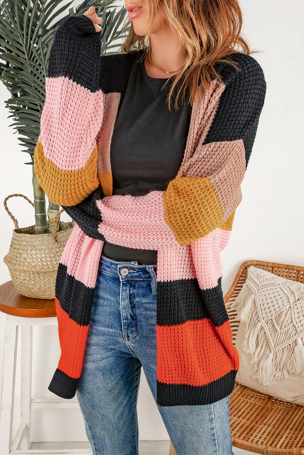 Women's Open Front Waffle Knitted Cardigan