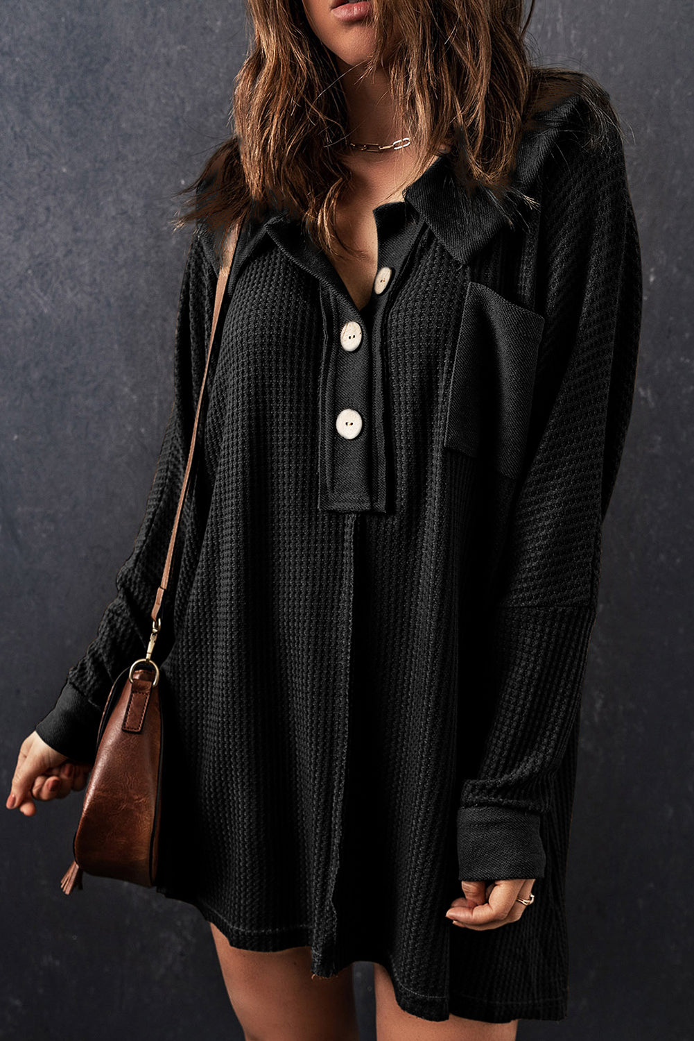Women's Top Featuring Waffle Knitted Button-Front Long-Sleeve