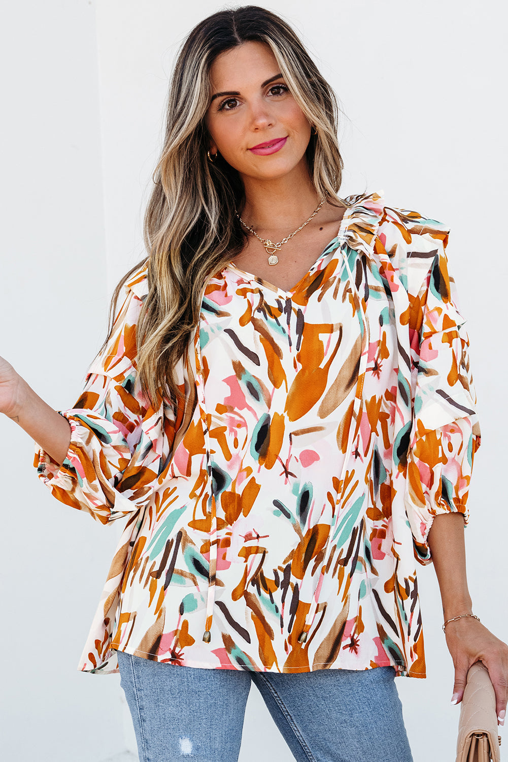 Abstract Print Drawstring 3/4 Sleeve Blouse