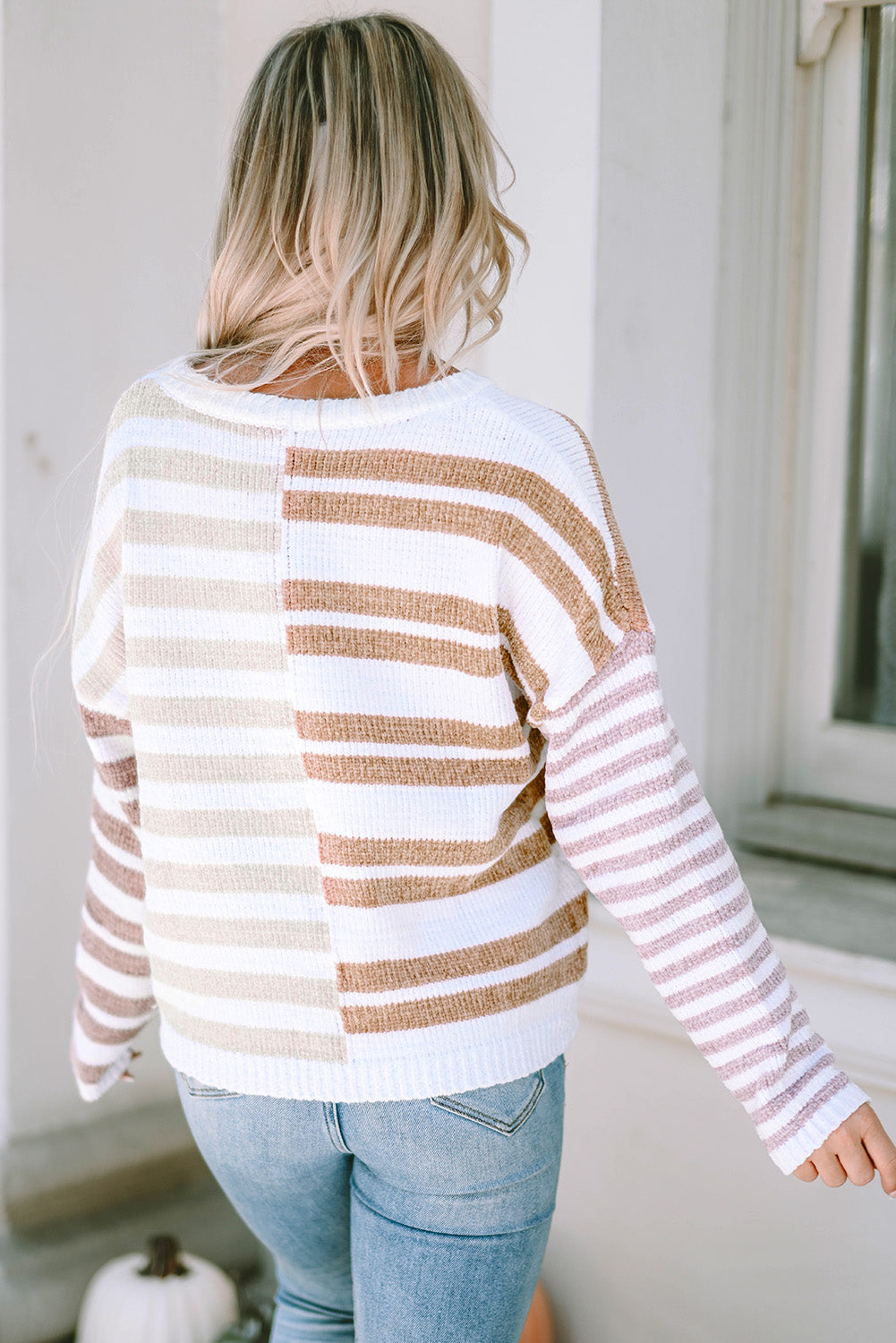 Women's Stripe Slouchy Blocked Dropped-Shoulder Sweater