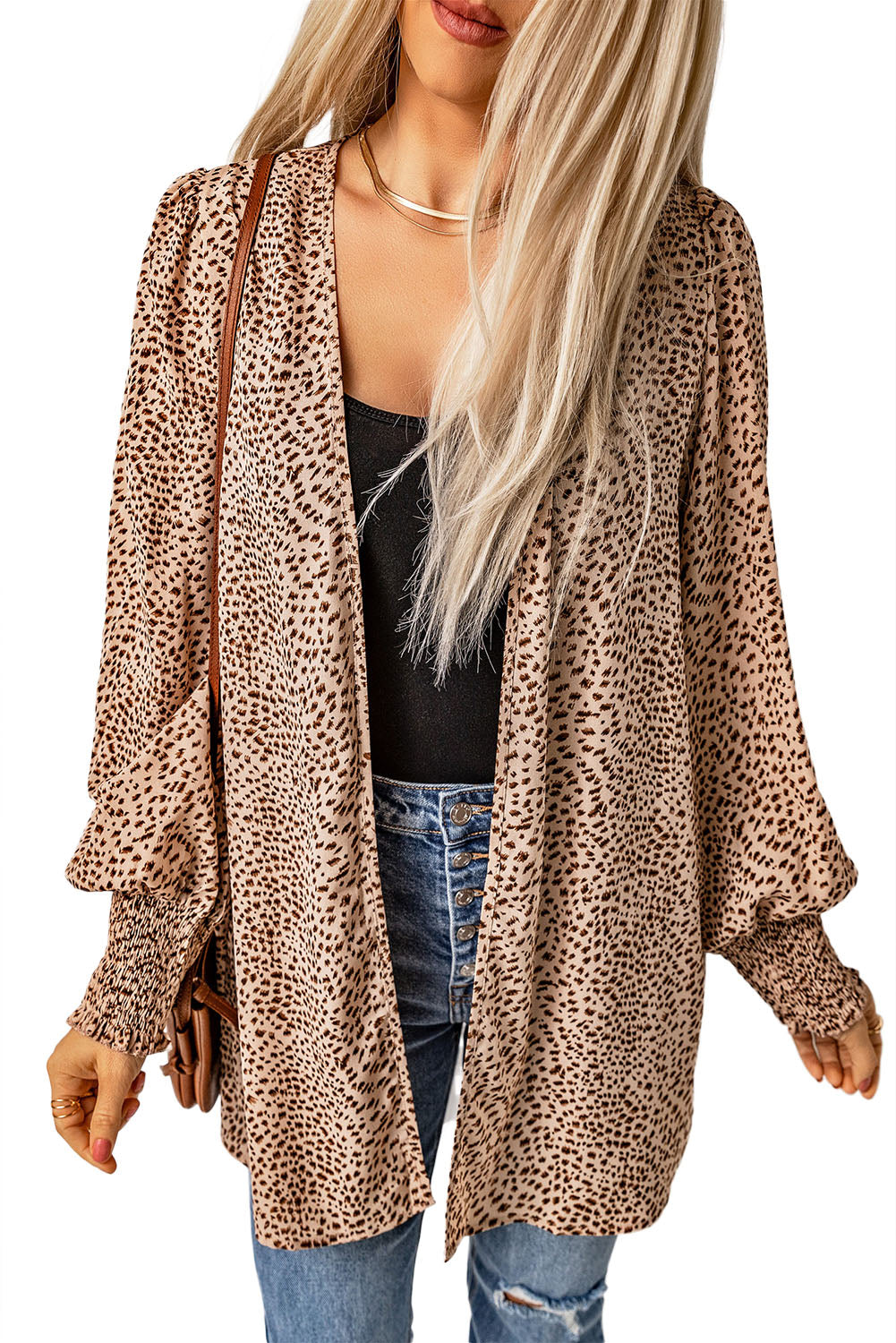 Cardigan for Women Animal Print Shirred Apricot Cuff Lantern Sleeve