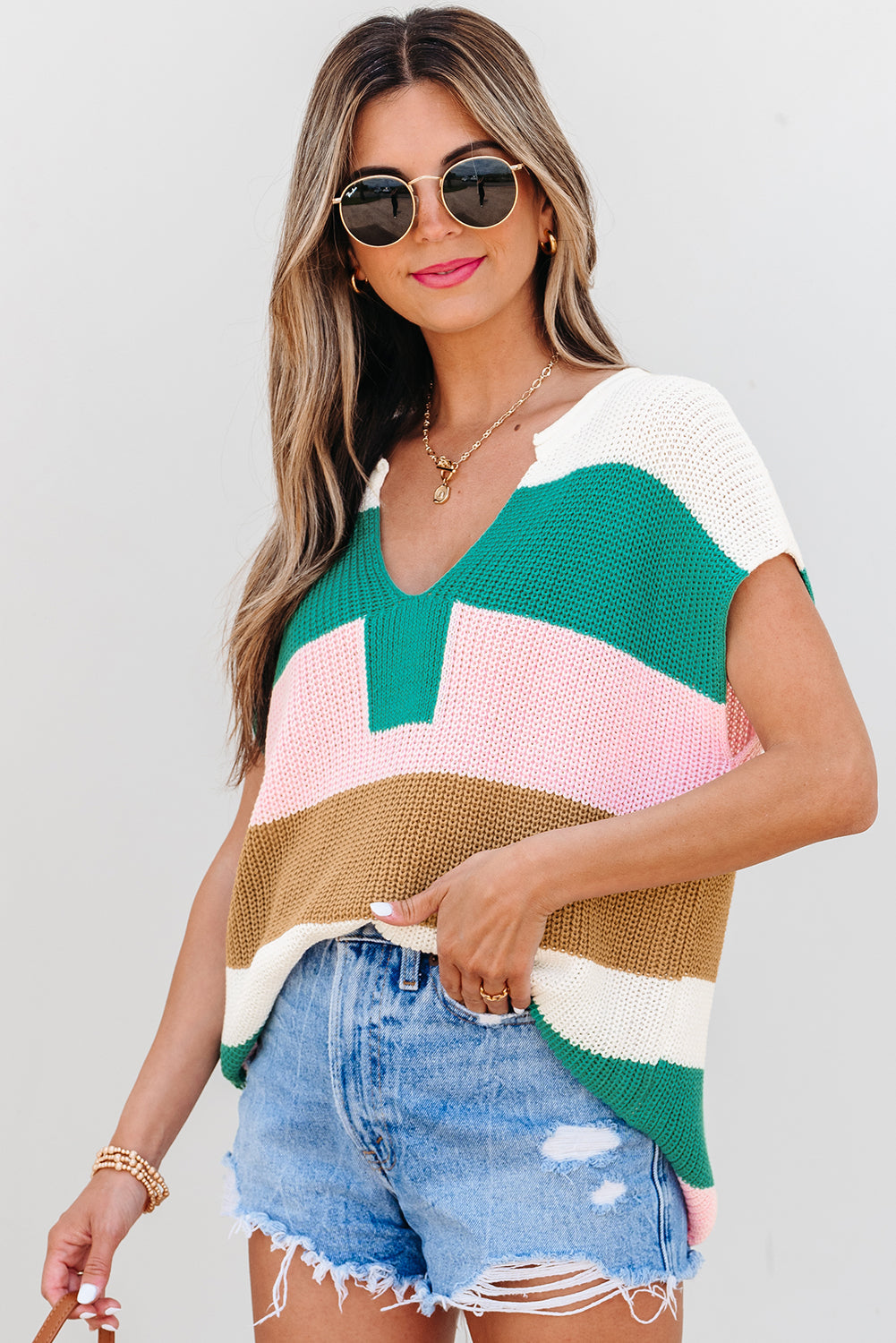 Colorblock Knit Notch V-Neck Top T Shirt