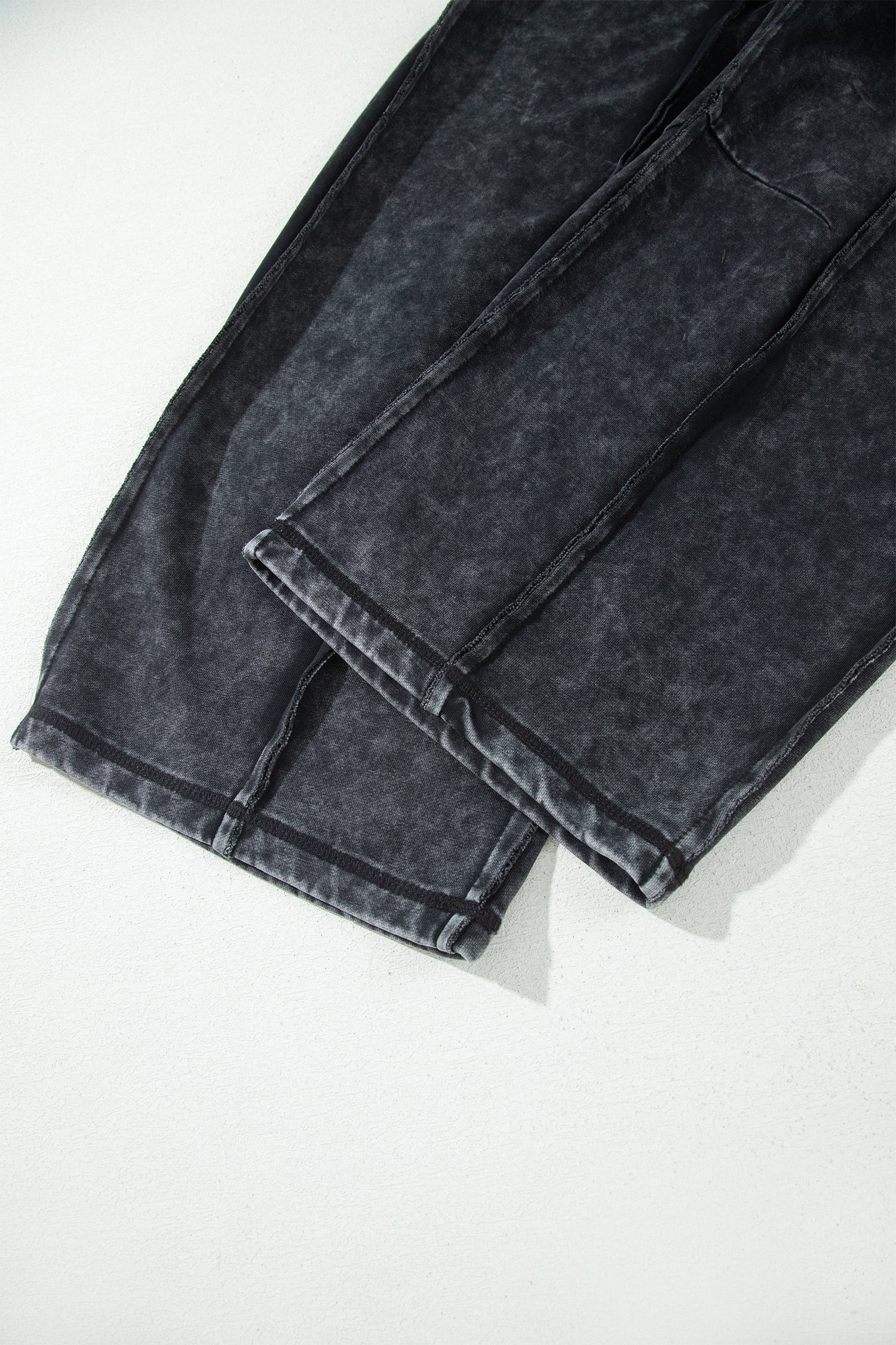 Raw Seam Drawcord Elastic Waist Barrel Pants in Black