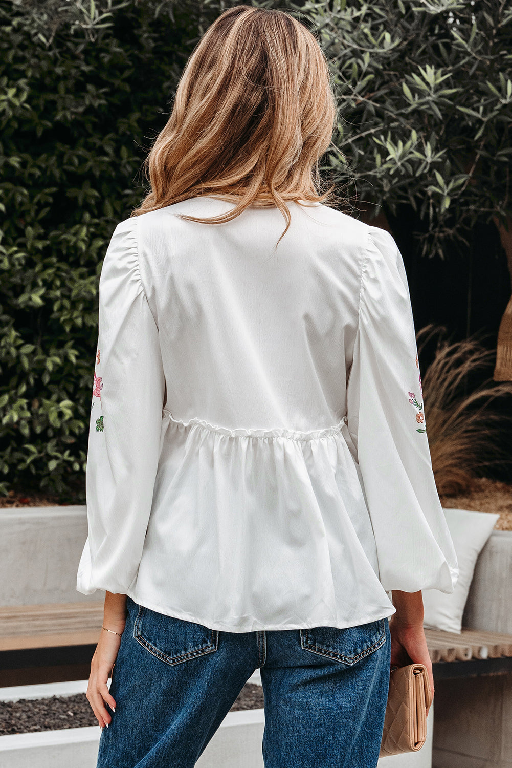 Lace-up Flower Print V-Neck Babydoll Blouse