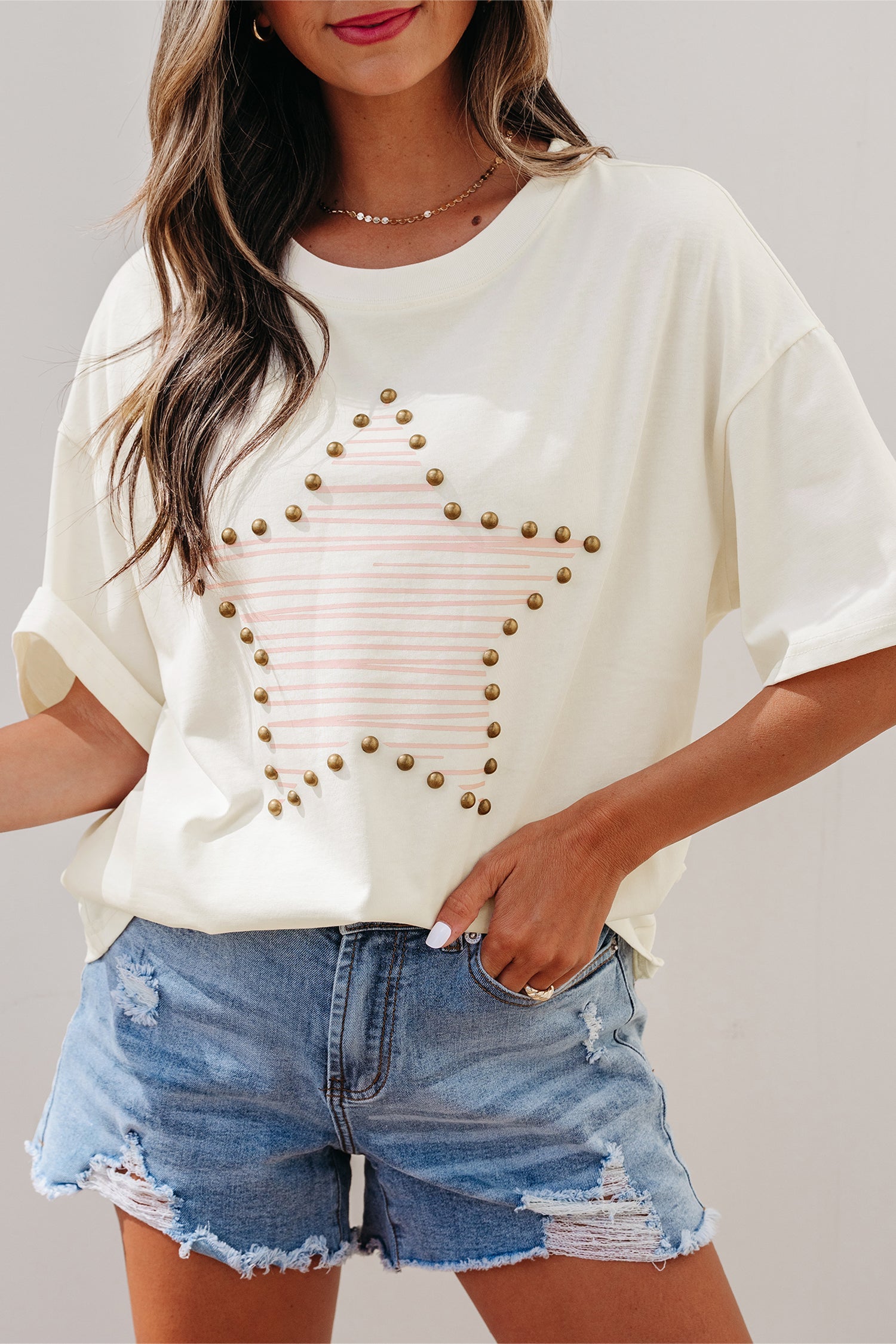 Cute Print Beige Star Stud Detail Cotton Jersey Top