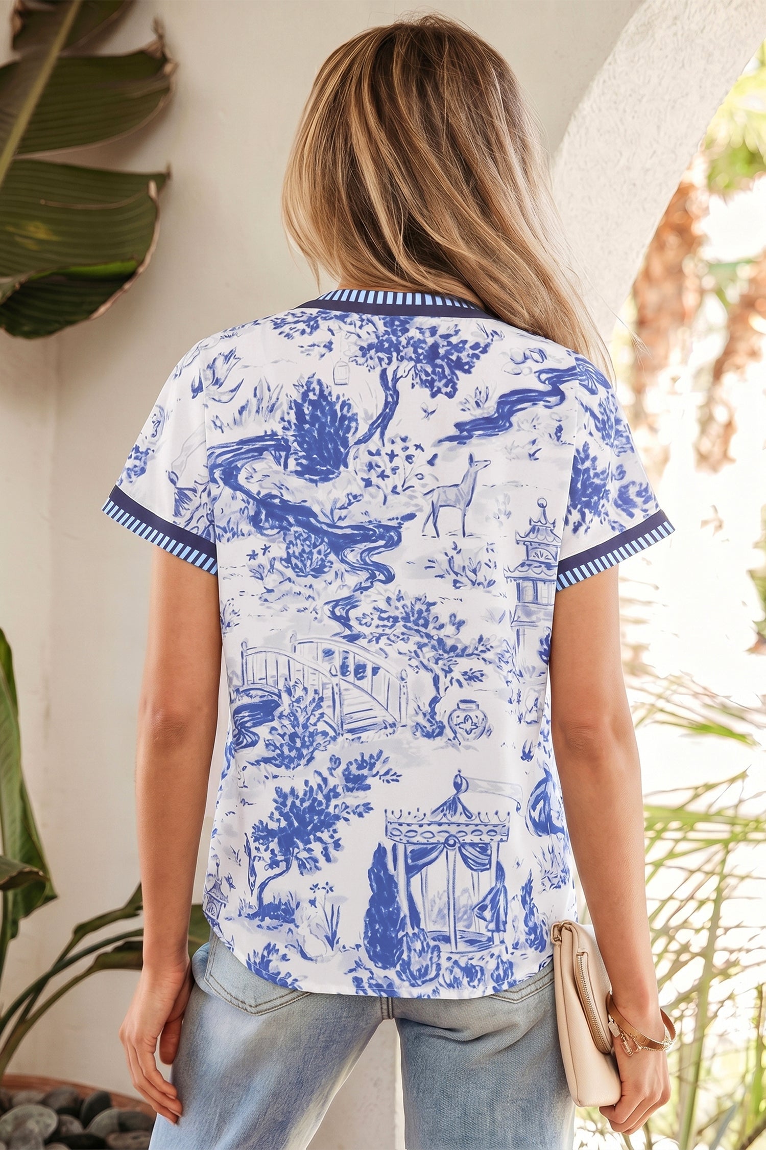 Animal Paradise Wild Paradise Striped Trim V-Neck Short-Sleeved Blouse in Blue