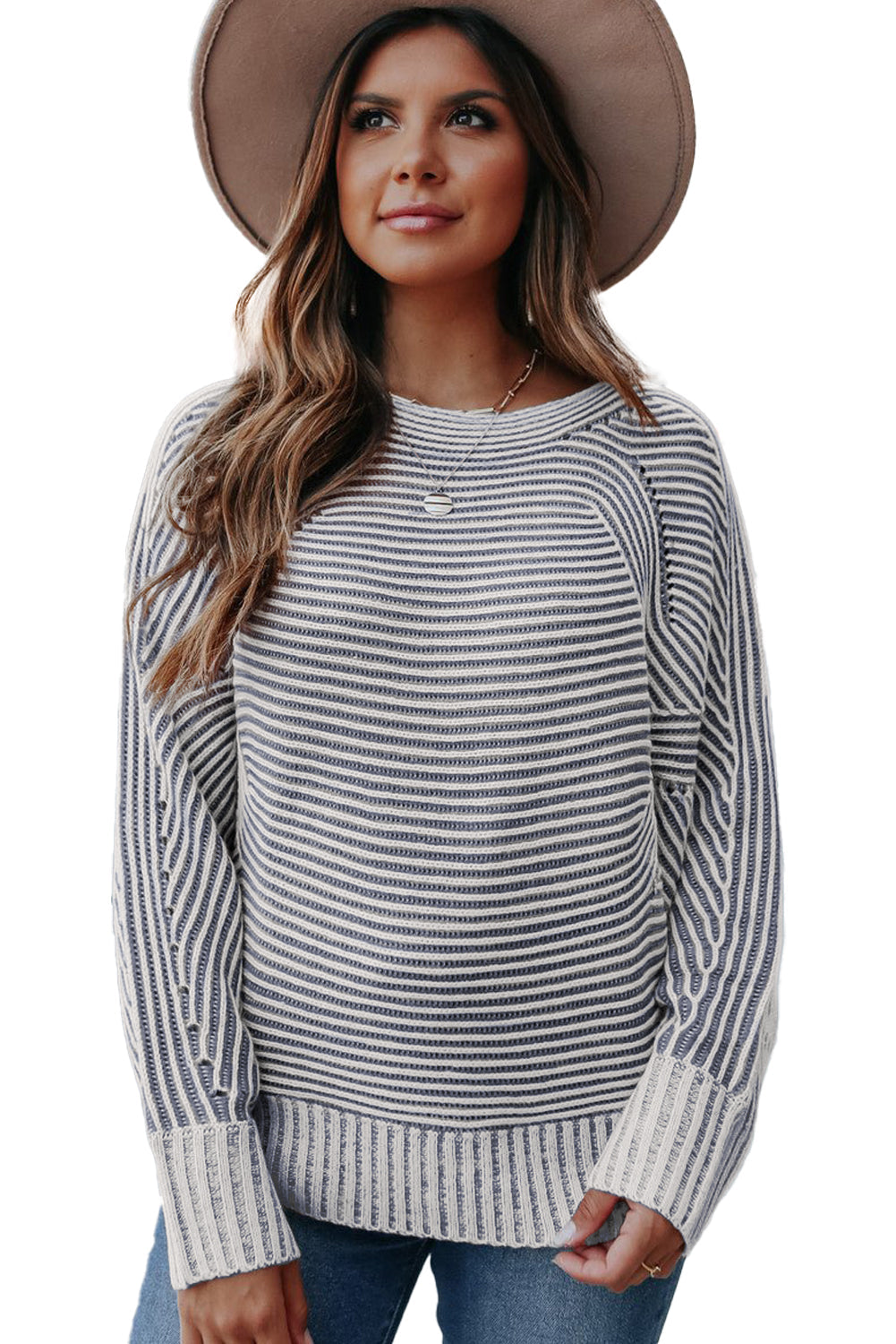 Print Rib-Knit Striped Rib-Knit Knit Boat Neck Baggy Knit Top