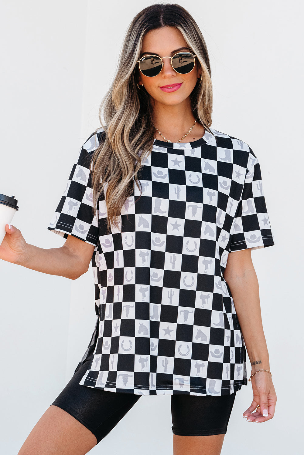 Black Western Checkerboard Print Side Split T Shirt