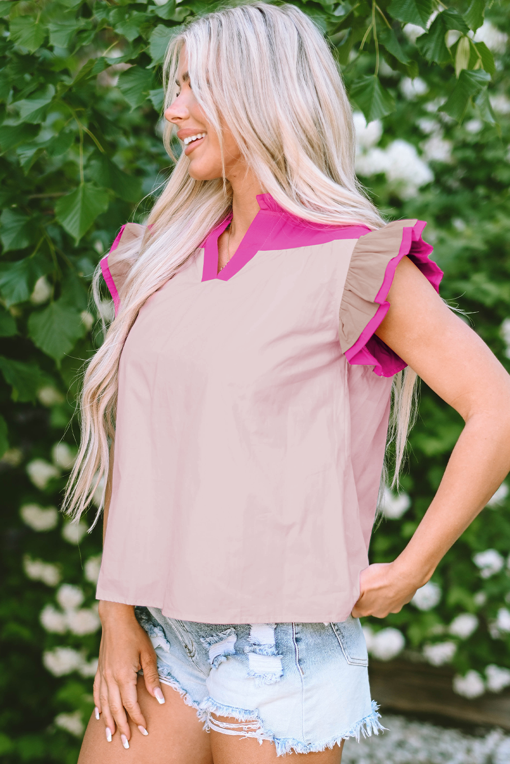 Women's Blouse with Color-Block Ruffle-Trimmed Sleeve Frill V Neck