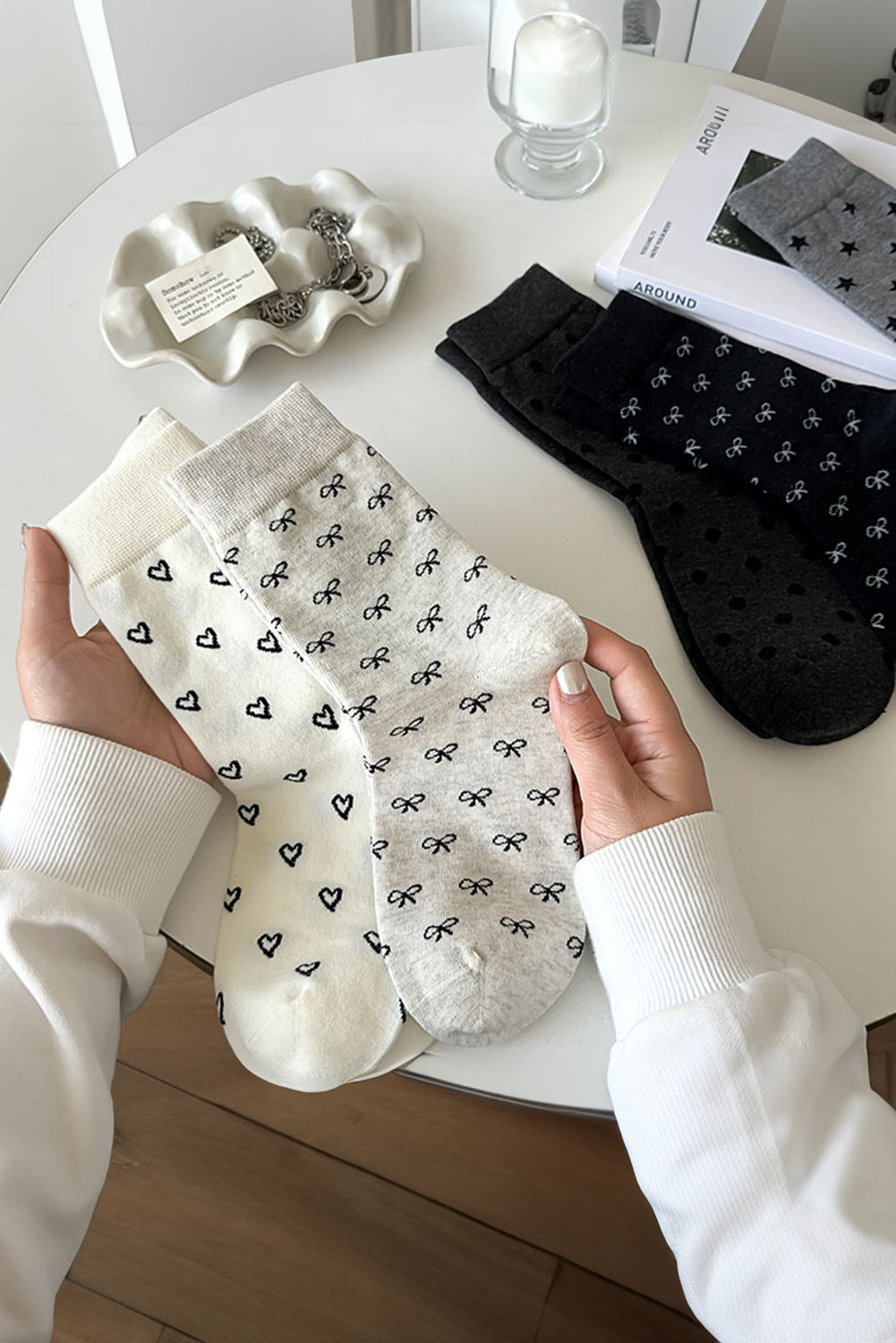 Bow Knots Rib-Knit Edge Crew Socks