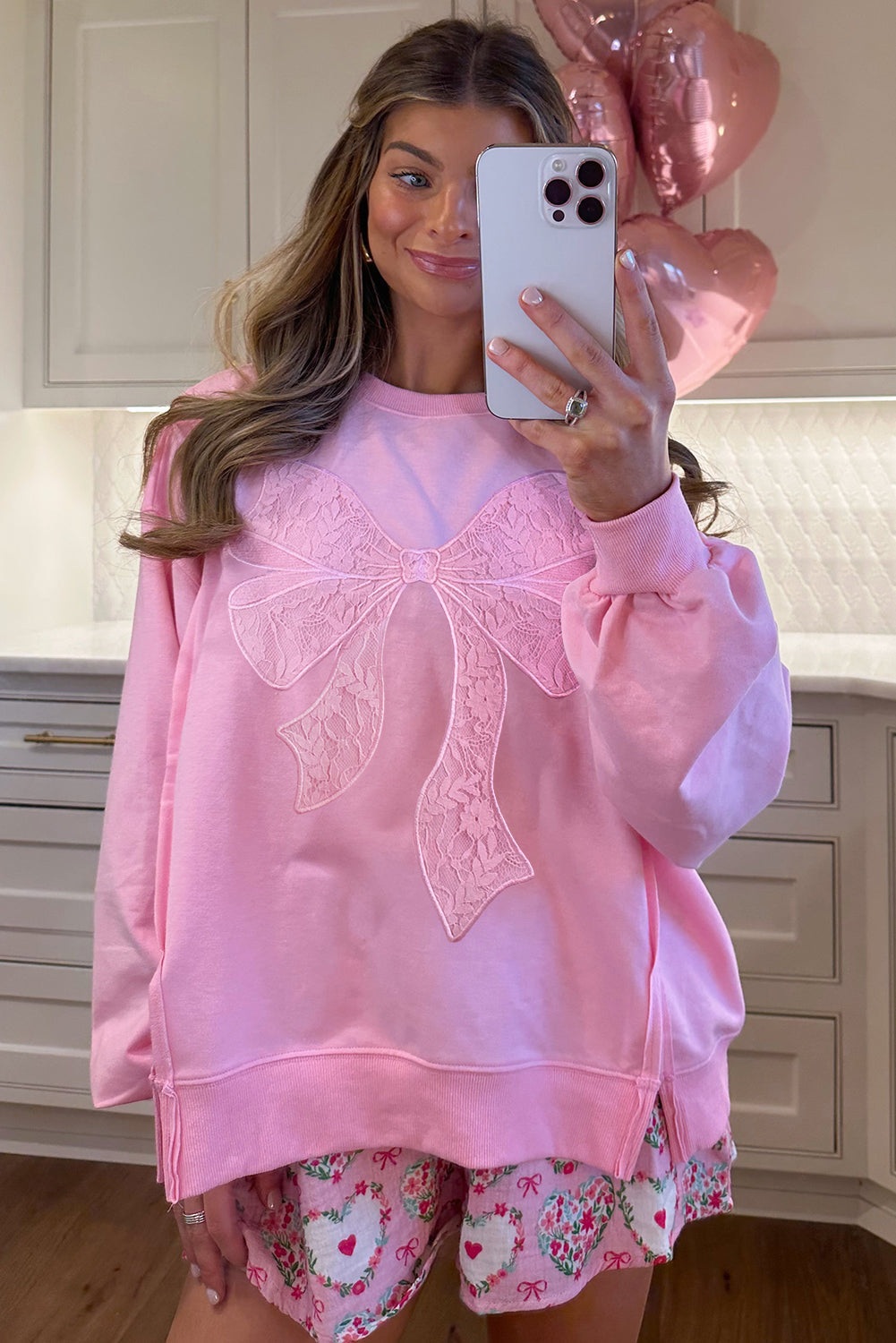 Lace Insert Bow Embroidered Exposed Seam Sweatshirt