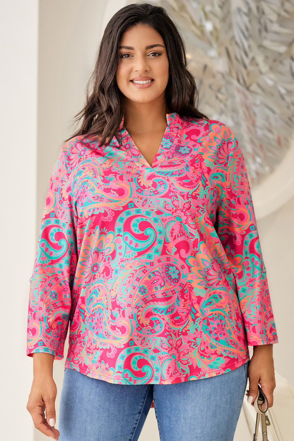 Women's Plus Size Paisley Print V Neck Roll Tab Sleeve Blouse