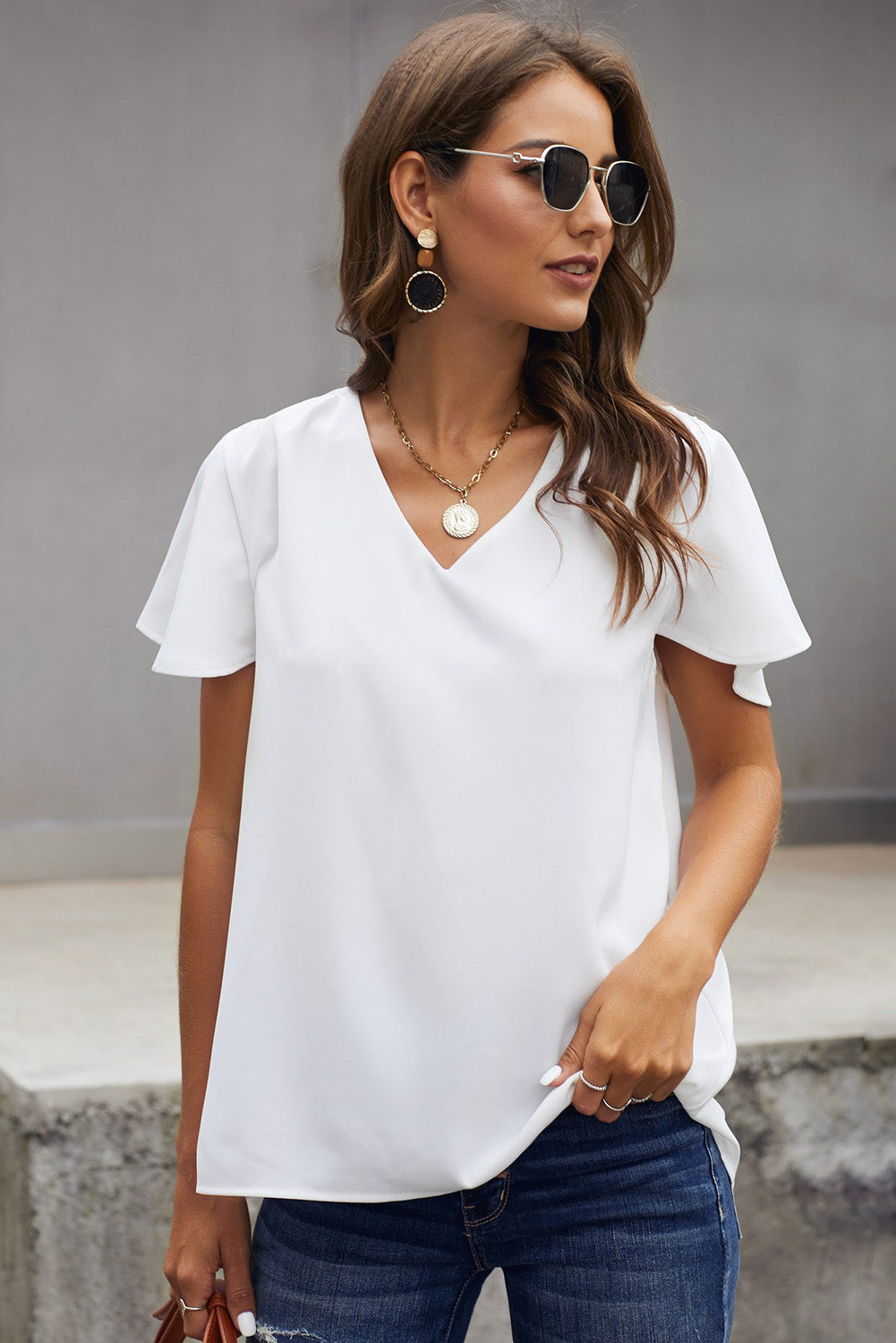 T-shirt for Women Short-Sleeve White V Neck