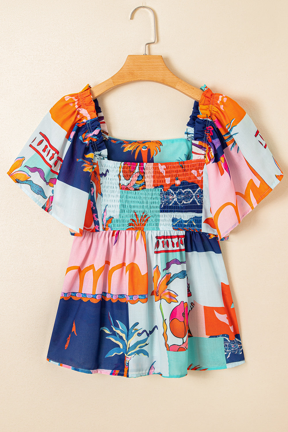 Square Tropical Printed Neck Flutter Sleeve Babydoll Blouse