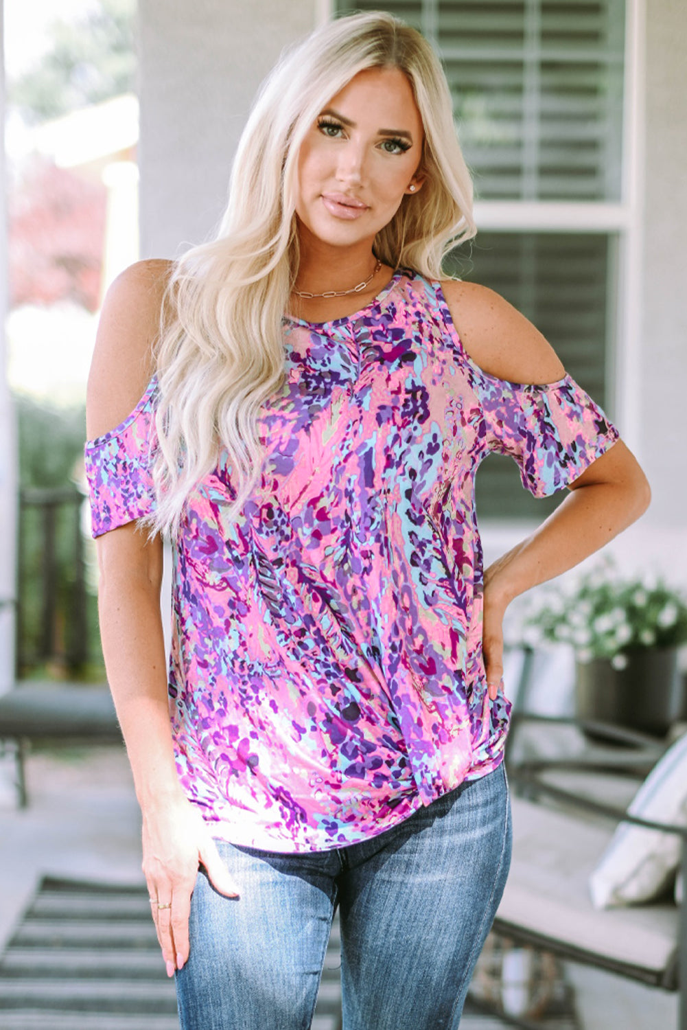 Women's Blouse Featuring Print Cold Shoulder Lavender Floral-Print