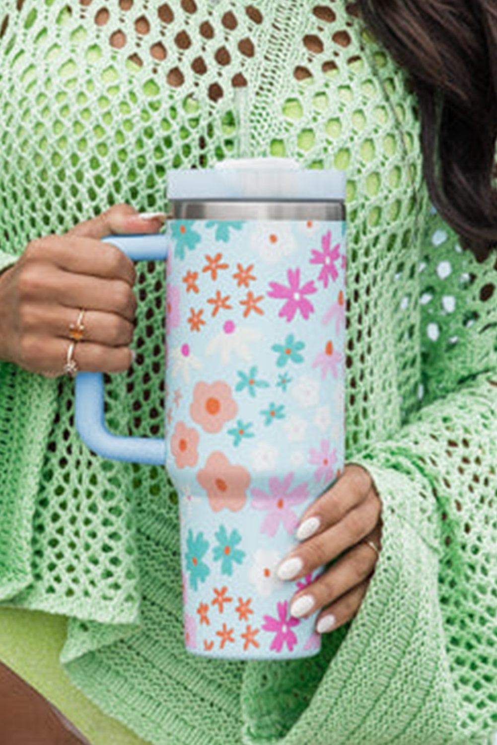 Cute Flower Pattern Handled Cup with Straw 40oz