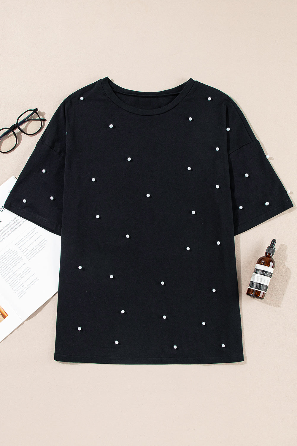 Black Pearl Beaded Drop Shoulder Crewneck T Shirt