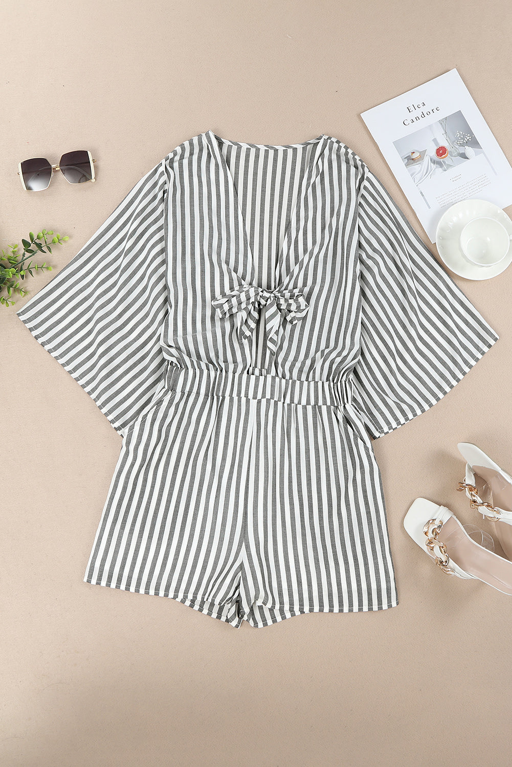 Women's Romper Featuring Kimono Sleeves Tie Front Striped