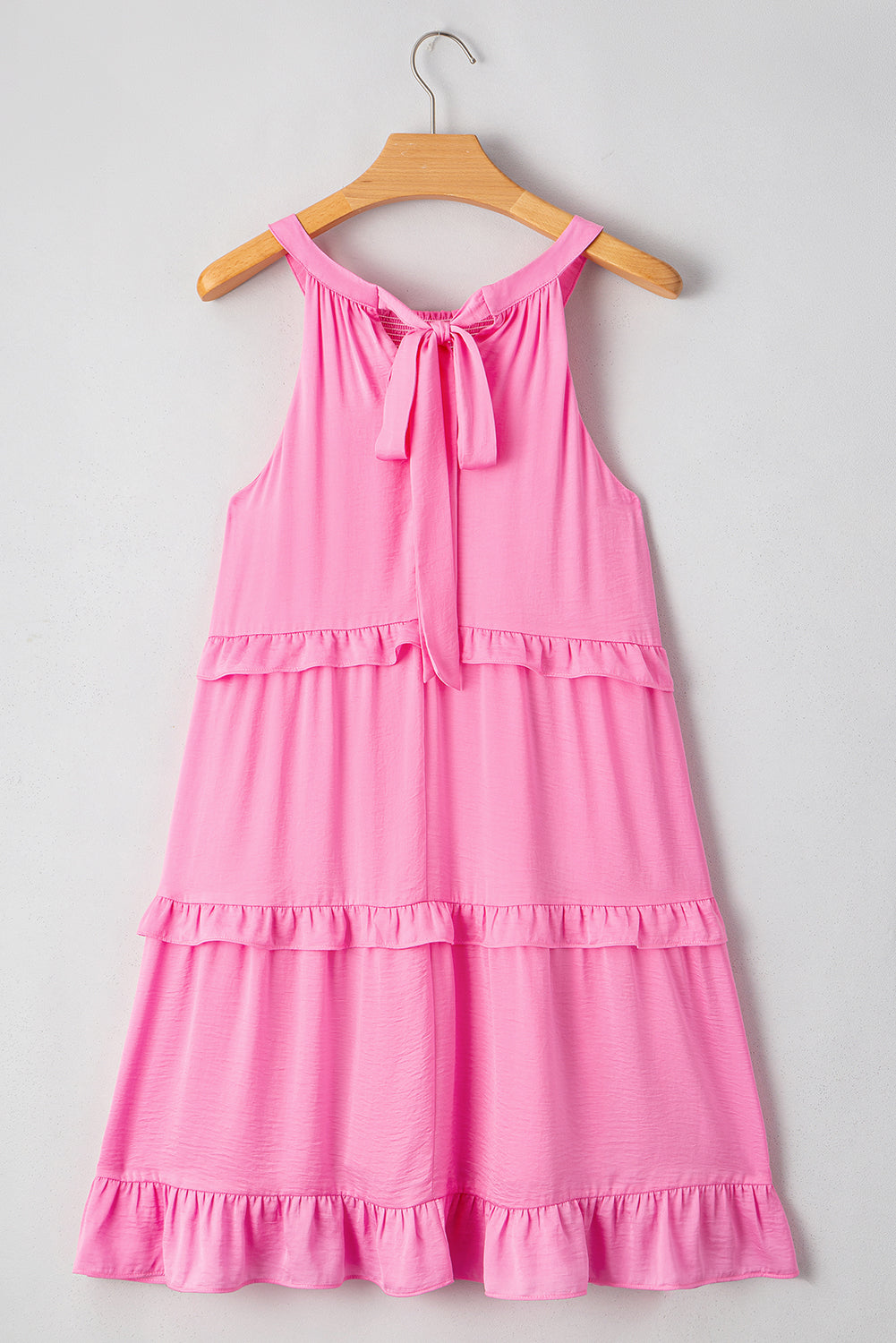 Cute Pink Knot Back Frilly Tiered Sleeveless Mini Dress