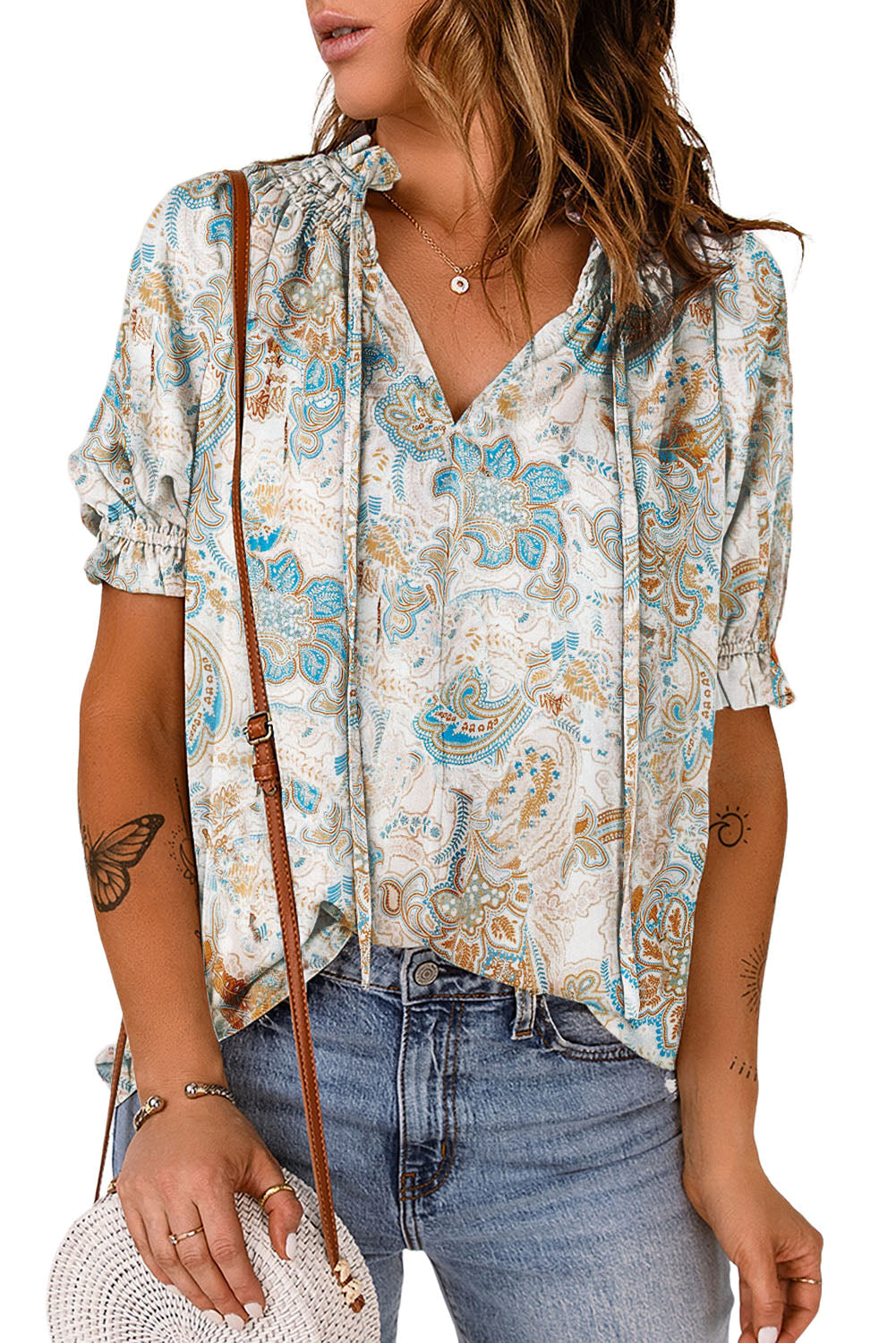 Women's Blouse Featuring Paisley Pattern Print V Neck
