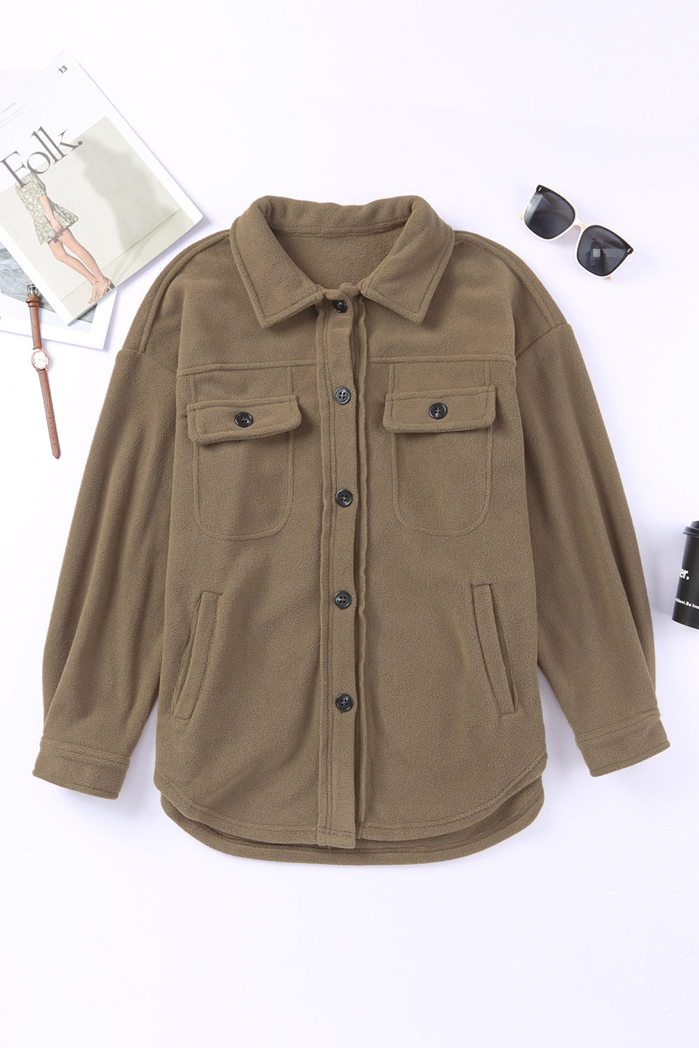 Women's Shirt Jacket Featuring Turn Collar Button-Front