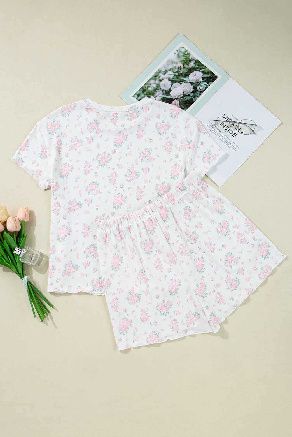 Cute Lettuce Pink Floral Trim Tee and Shorts Rib-Knit Lounge Set