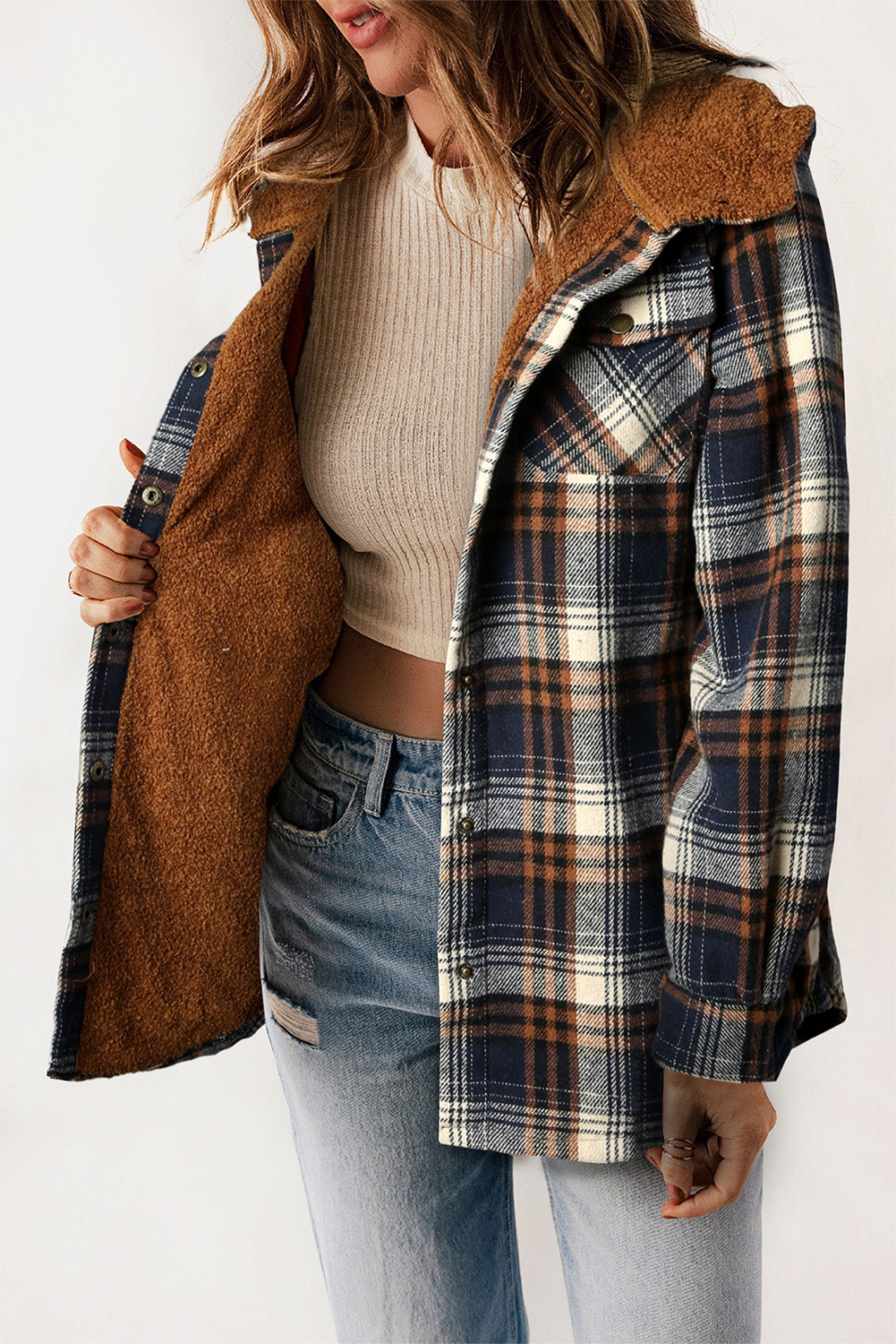Shacket for Women Plaid Pattern Sherpa Lined