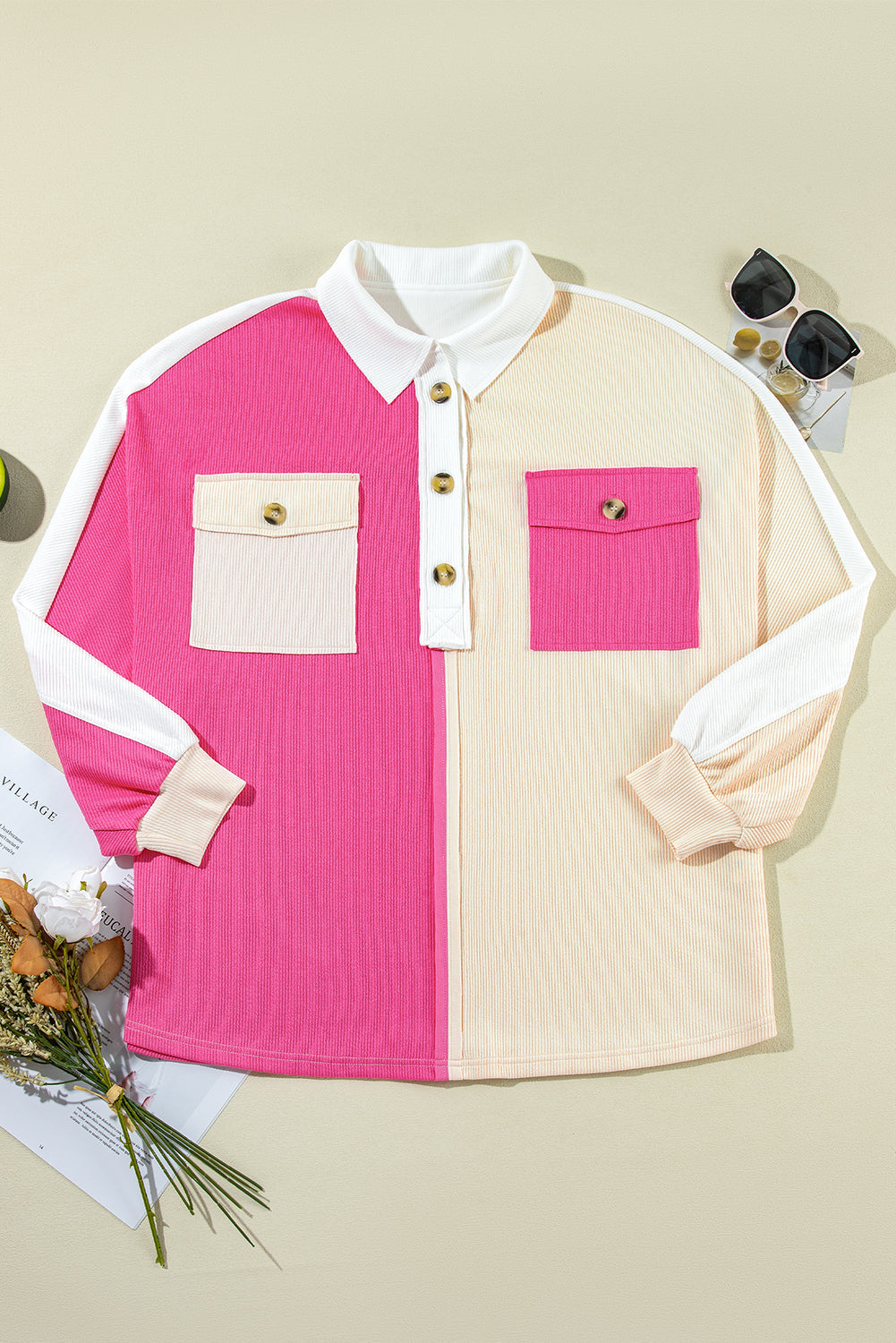 Colorblock Ribbed Collared Oversized Sweatshirt